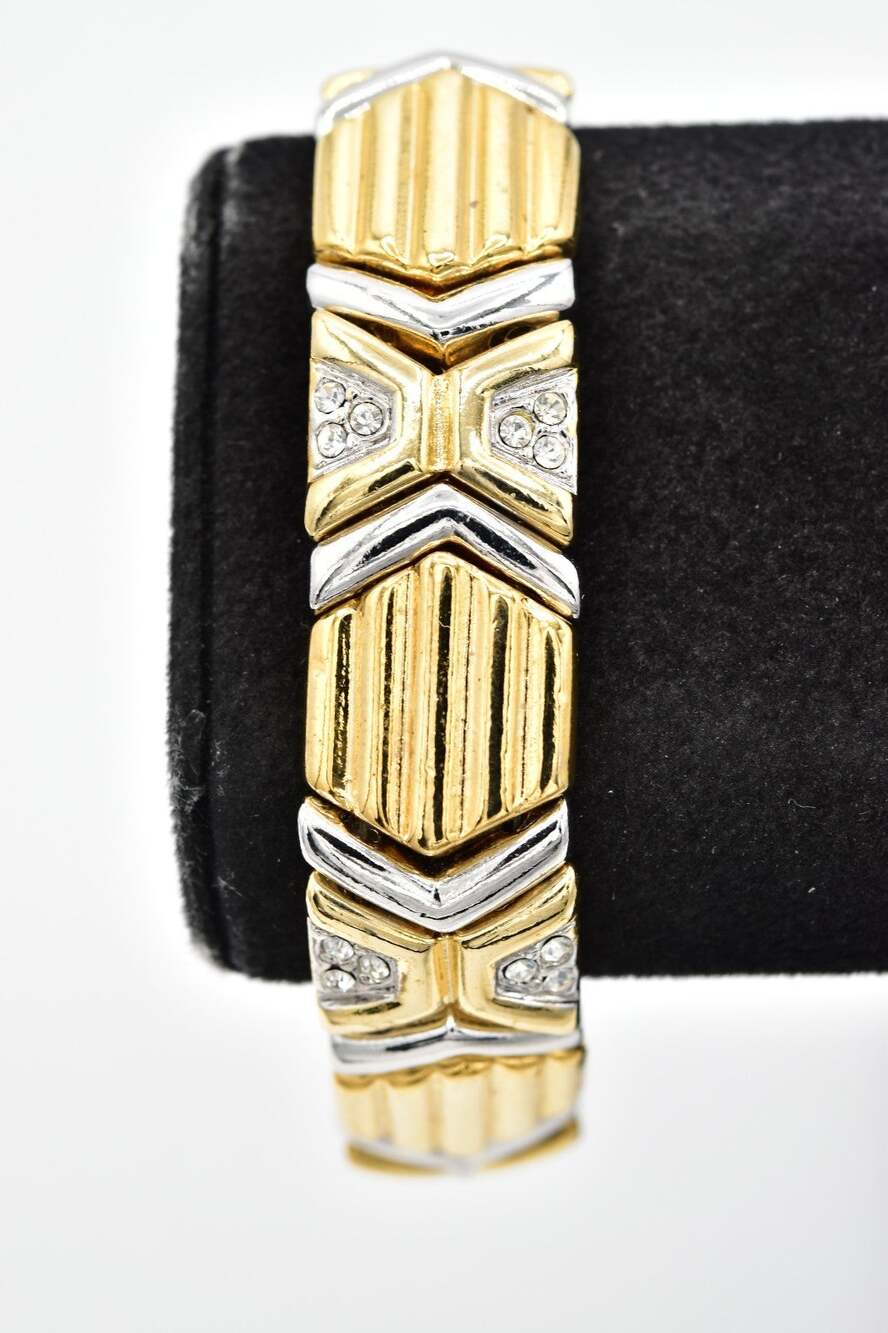 Vintage NOS Gold Silver Pave Rhinestone Geometric Link Bracelet Chain 1980s NS8